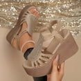 thumbnail image 4 of Wedges Heels for Women Open Toe Platform Fisherman Gladiator Sandals Glitter Rhinestone Elastic Ankle Strap Pumps Shoes Beige Size 9.5, 4 of 6