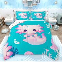 Homewish Cartoon Axolotl 3 Pieces Queen Comforter Set for Preppy Child,Pink Blue Ultra Soft Bedding Sets,Kawaii Animal Salamander Bedding Comforter Set Breathable,Lightweight Room Decor