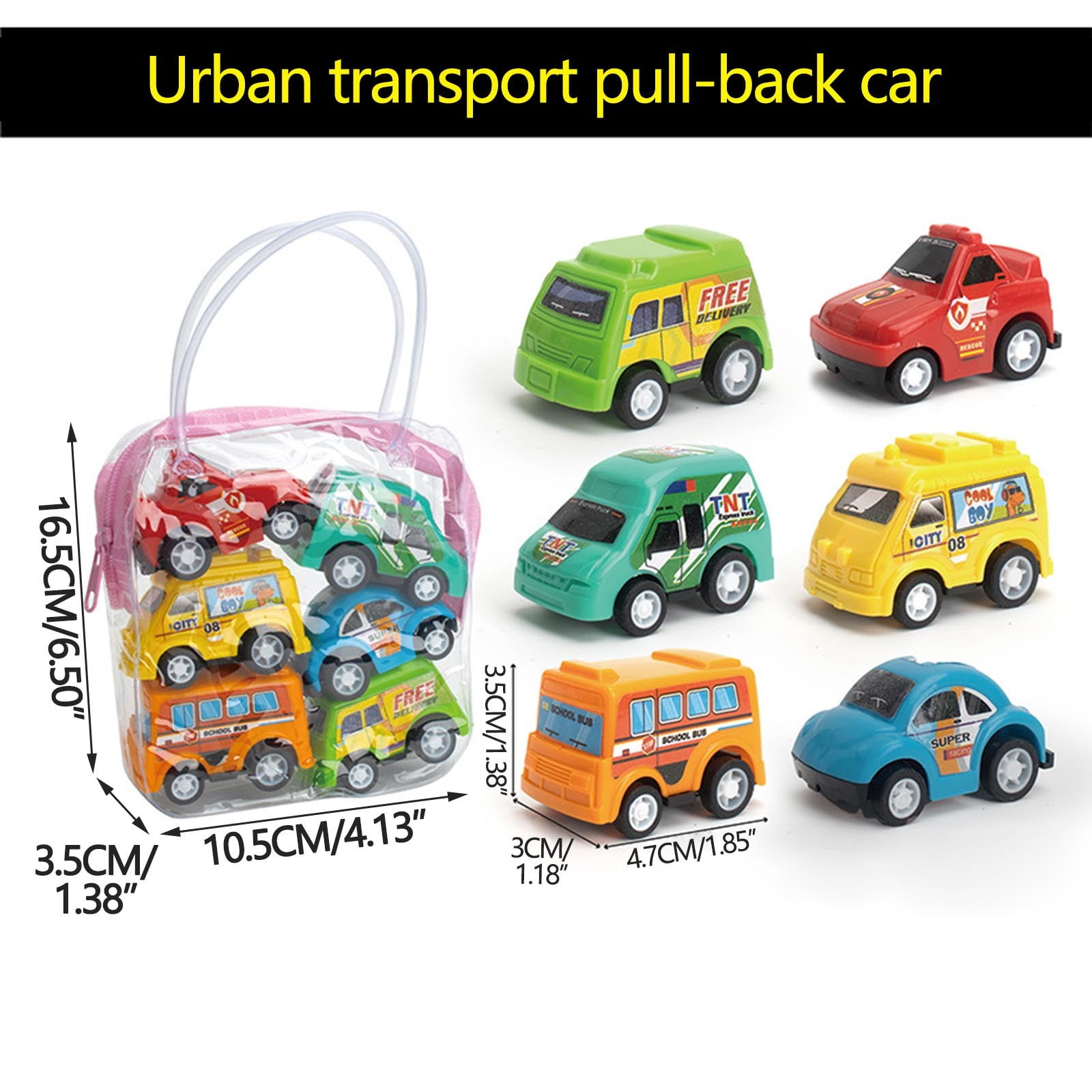 Urban Rebound Car Collection Set - Portable Handbag Toy Vehicles, Colorful Mini Cars, Friction Powered Playtime, Interactive Racing Fun