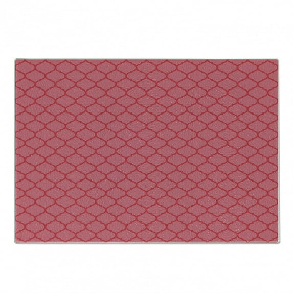 Coral Cutting Board, Quatrefoil Pattern Gothic Renaissance Era Antique Design Traditional Motif, Decorative Tempered Glass Cutting and Serving Board, Small Size, Coral and Red, by Ambesonne