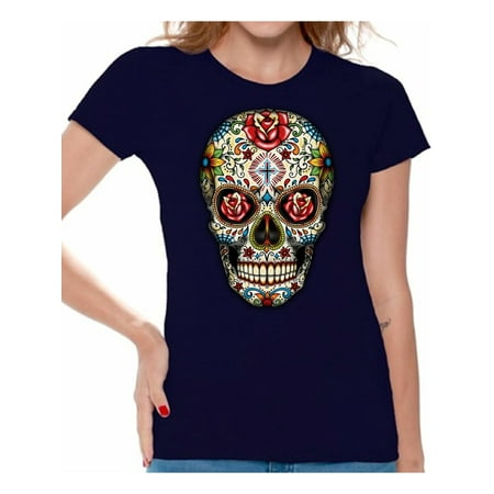 Awkward Styles Colorful Skull t-shirt top womens skull shirts day of the dead t shirt costume dia de Los Muertos costume t shirt candy skull sugar skull costume t shirt skull for women Mexican