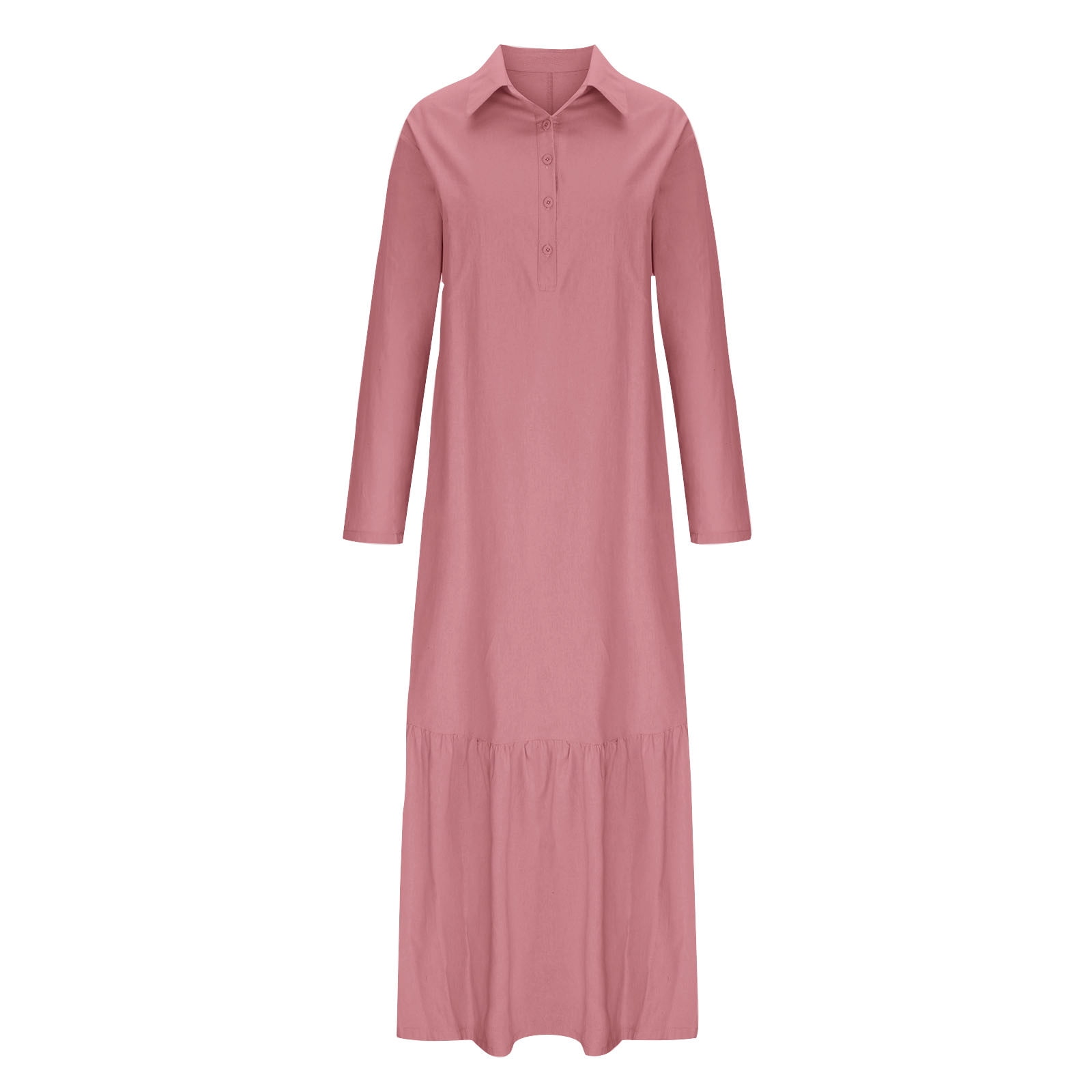 Women Cotton Linen Long Sleeve Button Lapel Maxi Shirt Dress Plus-size Layered Ruffled Hem Dress for Daily Wear