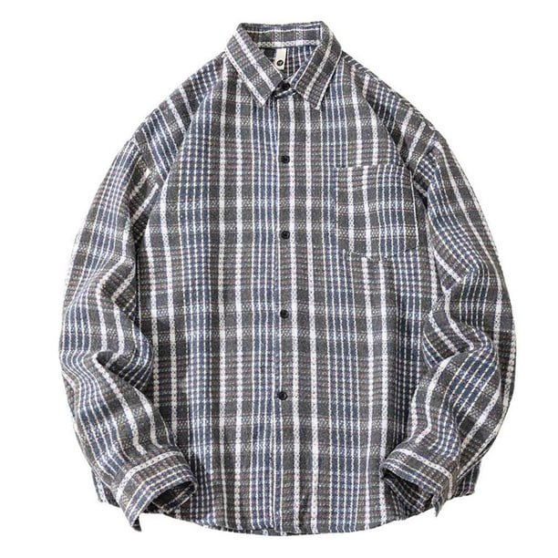 Blusa y camisa de manga larga con cuello vuelto para hombre, blusa informal a cuadros a la moda con botones y cuello vuelto, blusa de poliéster para hombre