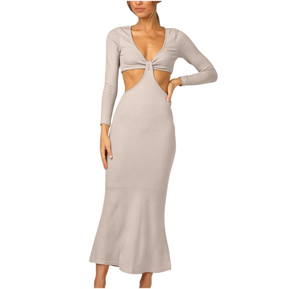 Babysbule Summer Women Dresses Clearance Women's Solid Color Hollow Out Casual Fashion Tight Long Sleeve Dress