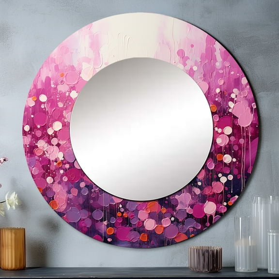 Designart "Magical Magenta" Abstract Landscapes Round Mirror Wall Décor Cottage - Large Pink Round Mirror - Round Mirror 23" x 23" Inch