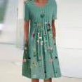 thumbnail image 1 of Robes d'Été Robe d'Été Casual Col Rond Manches Courtes Pliage Imprimé Floral Robes Vert XL, 1 of 8