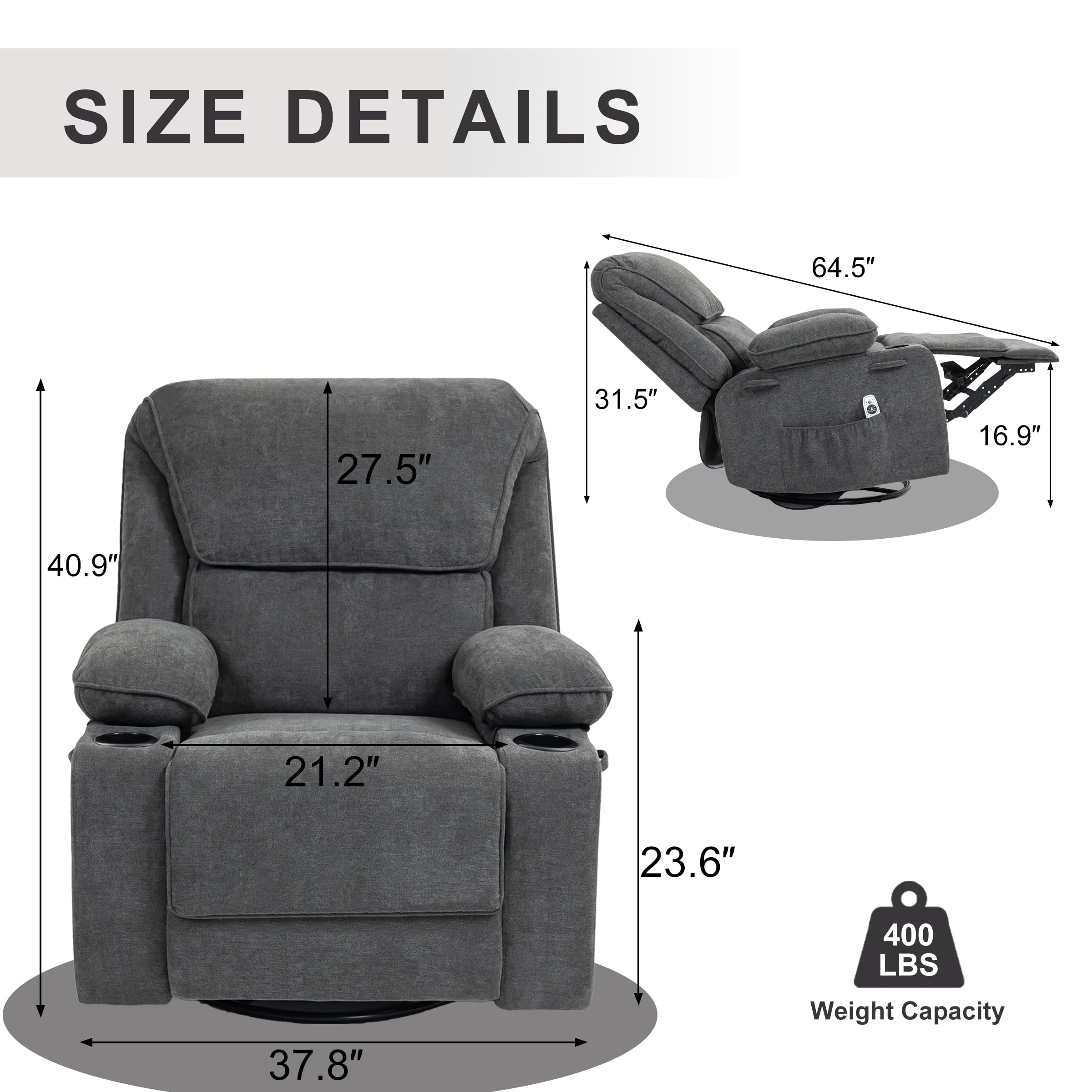 BRTHORY Swivel Rocker Recliner Chair with Heat and Massage, Upholstered Comfy Soft Fabric Recliner Chair for Home Theater, Dark Gray
