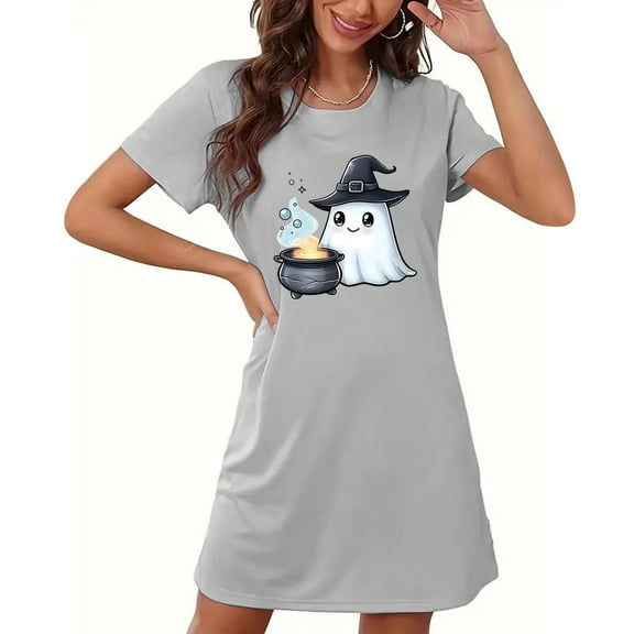 Karight Halloween Nightgown Pajamas Print Pajama Dress for Women Short Sleeve Sleep Wear PJS Oversized Casual Pajamas