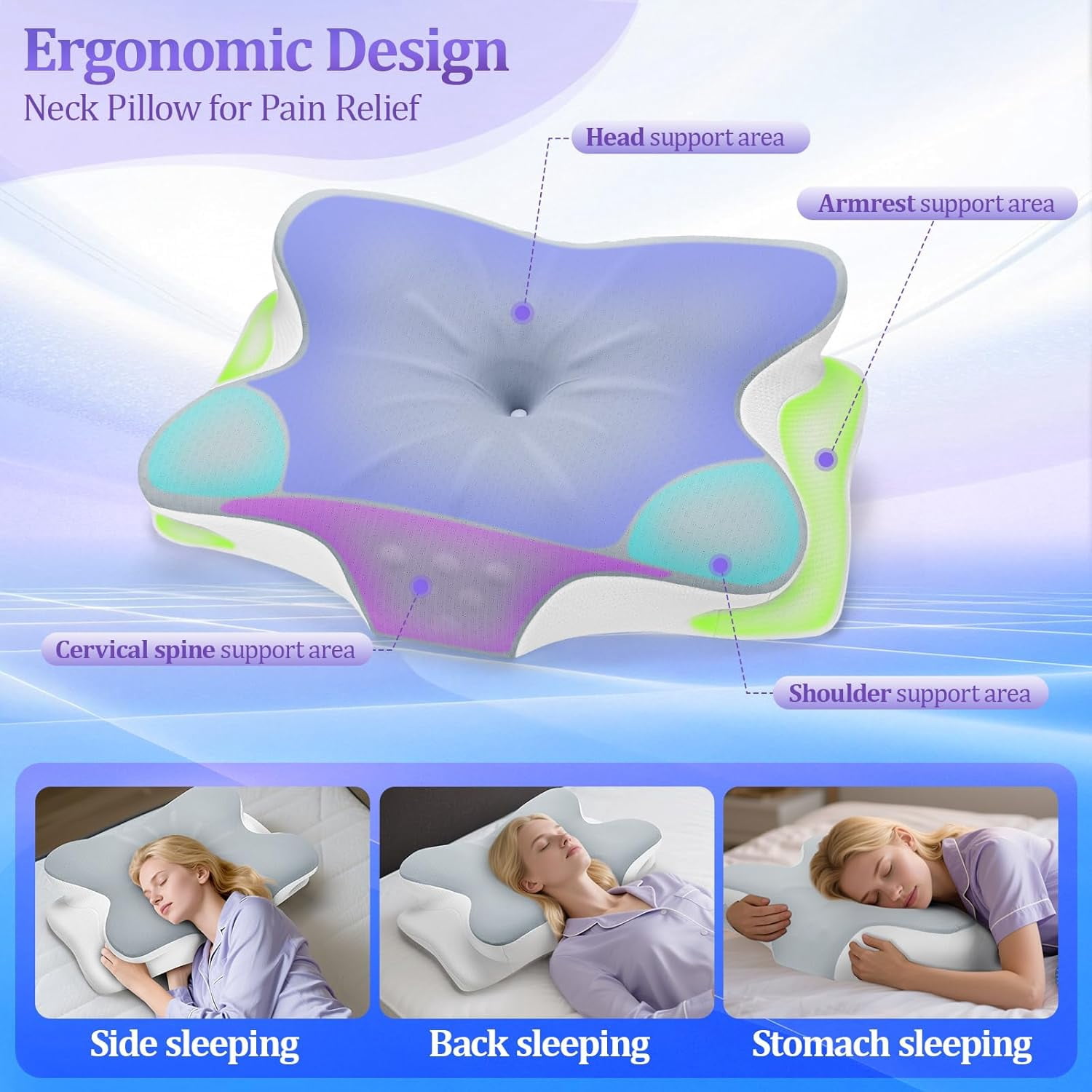 Cooling Memory Foam Pillow Cervical Pillow for Neck and Shoulder Ergonomic Neck Support Pillow for Side Back Stomach Sleepers with Pillowcase, Grey