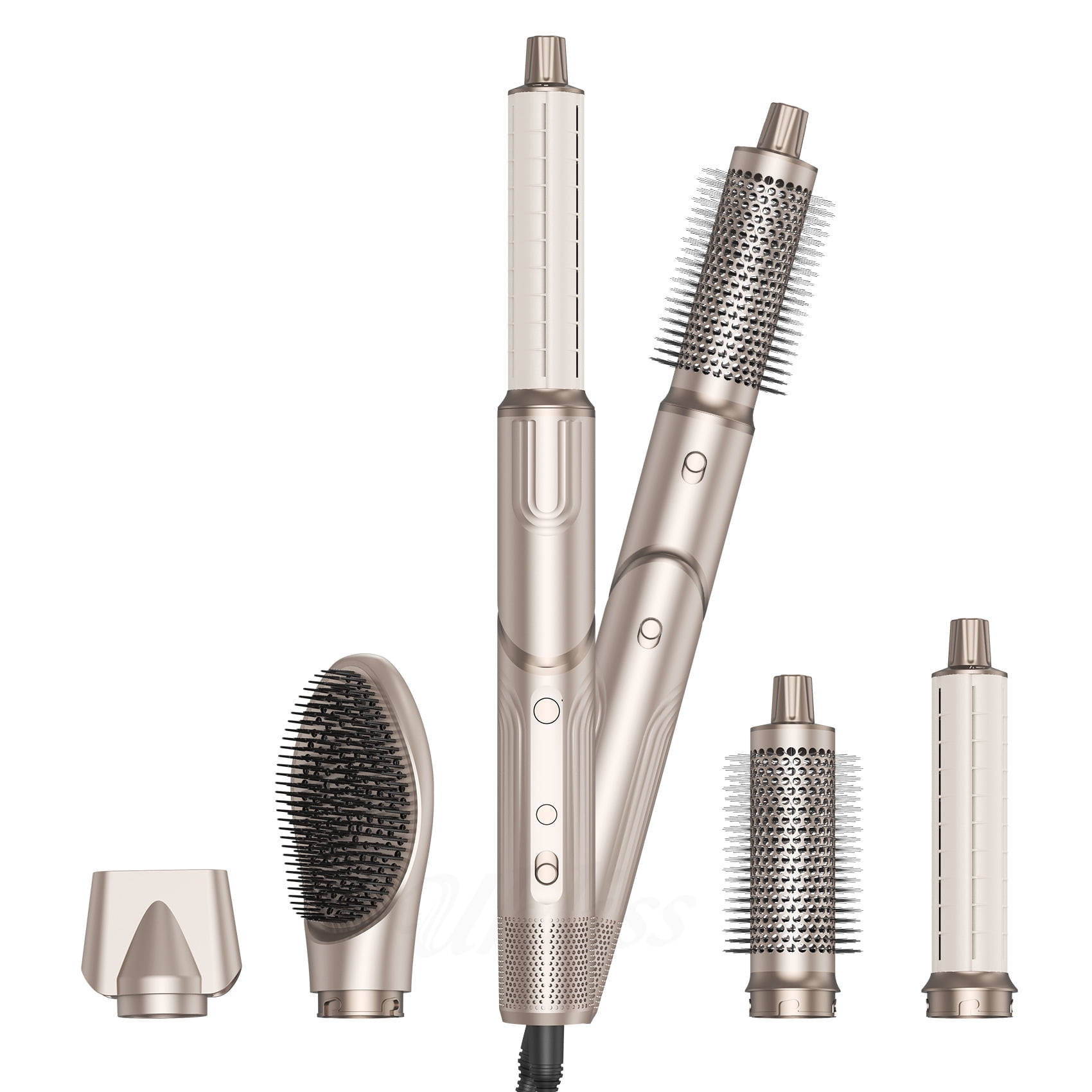 Foldable 5-in-1 Hot Air Styling System, Professional Hair Dryer Brush Kit with Airflow Curler, Smoothing & Volumizing Attachments, Ionic Technology for Travel, Champagne Gold