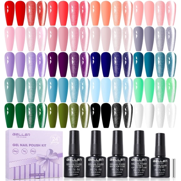 Gellen 24Pcs Gel Nail Polish Set, 20Colors Classic Vibrant Gel Polish with Base Coat & Glossy Matte Cateye Top Coat, HEMA TMPTA TPO 3-Free Red Pink Green White UV Cured Soak off Nail Kit for Women