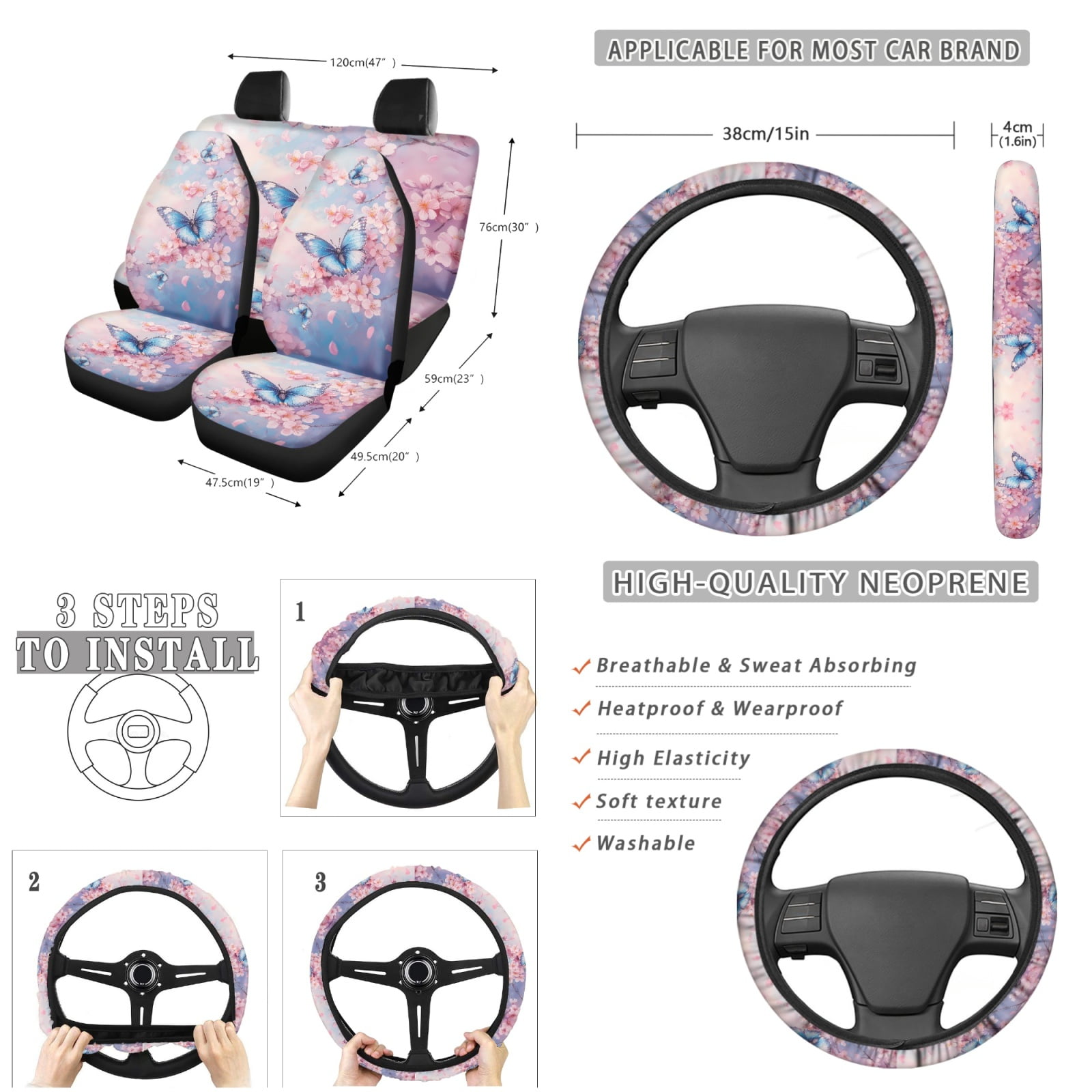 Jeiento Butterfly Car Seat Covers Full Set of 13 with Car Steering Wheel Cover Seat Belt Pads Floral Car Trash Can Auto Rear View Mirror Cover Car Coasters Chapstick Holder Keychain for Truck SUV