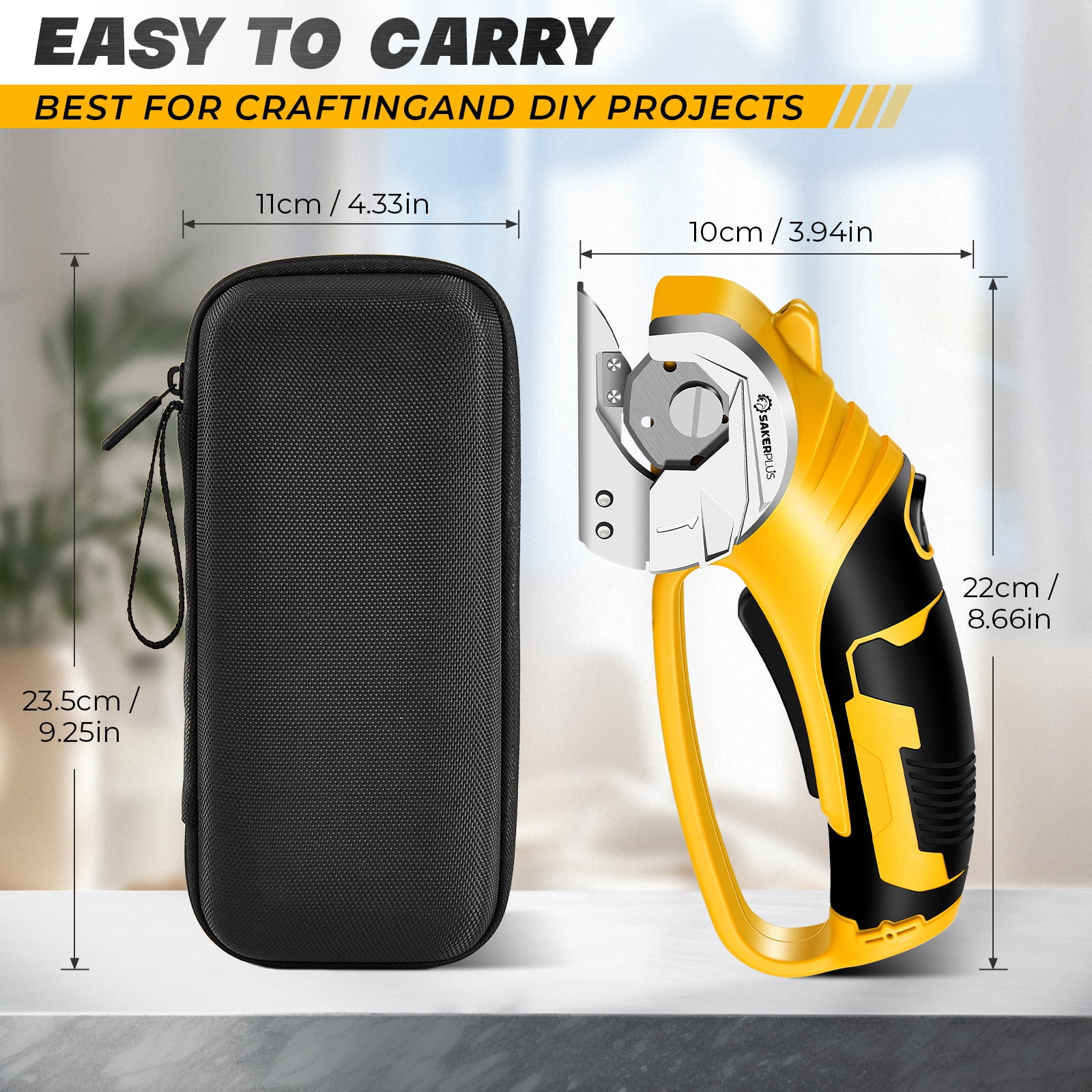Saker 4V Cordless Electric Scissors, Cardboard Cutter with Safety Lock, LED Light, 220RPM Rotary Cutter for Cardboard, Fabric, Box, Leather, Yellow