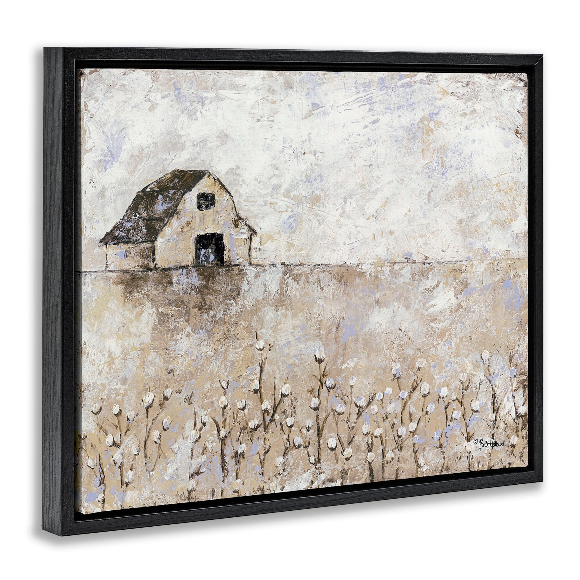 Stupell Industries White Barn Distressed Landscape Cotton Field Florals Jet Black Framed Floating Canvas Wall Art, 24x30, by Britt Hallowell