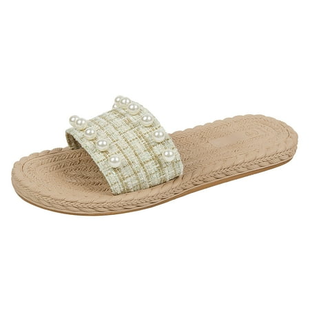 

Youmylove Women Fashion Straw Fresh Plaid Simple Casual Outside Wear Flat Bottom Large Size Sandals Slippers Shoes Summer Comfy Beach Outdoor Walking Footwear