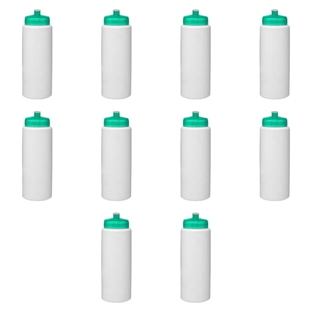 HDPE Plastic Leak-Free Bottles 32 oz. Set of 10, Bulk Pack - BPA Free, Great for Gym, Camping, Backpacking, School - Trans Aqua