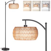 SUNMORY Dimmable Floor Lamp, Black Standing Lamp with Rattan & Fabric Double Drum Shade, Boho Farmhouse Tall Lamp for Living Room