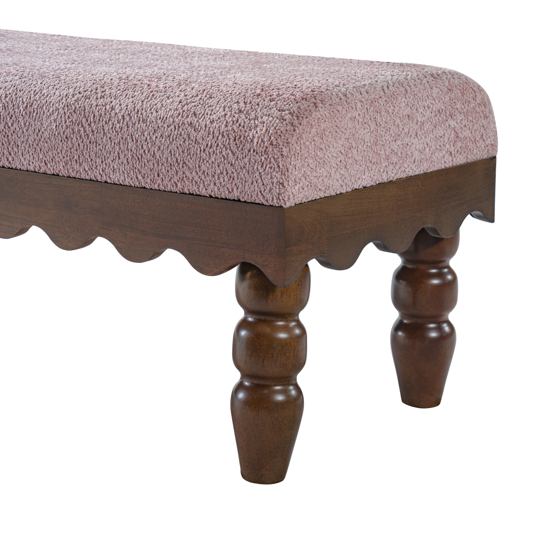 Christopher Knight Home Vintage Boucle Fabric Bench, Wave Trim Ottoman with Solid Wood Legs, Dusty Pink
