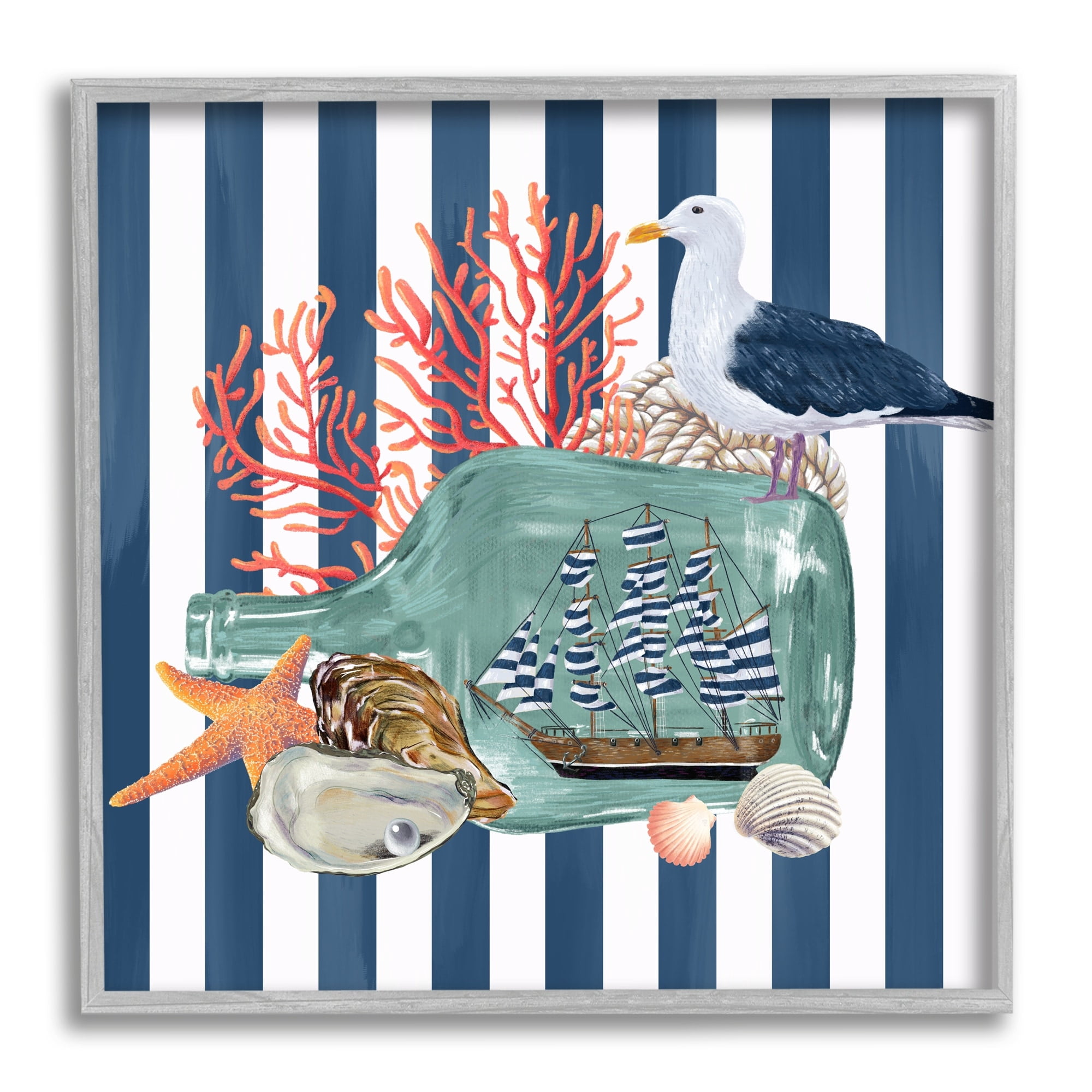 Stupell Industries Ship In Bottle Perched Seagull Marine Life Stripes Graphic Art Gray Framed Art Print Wall Art, Design by Raquel Maciel