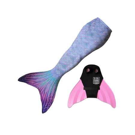 Sun Tail Mermaid Swim Set; Aurora Borealis Mermaid Tail + Pink Monofin for Swimming; size - Child