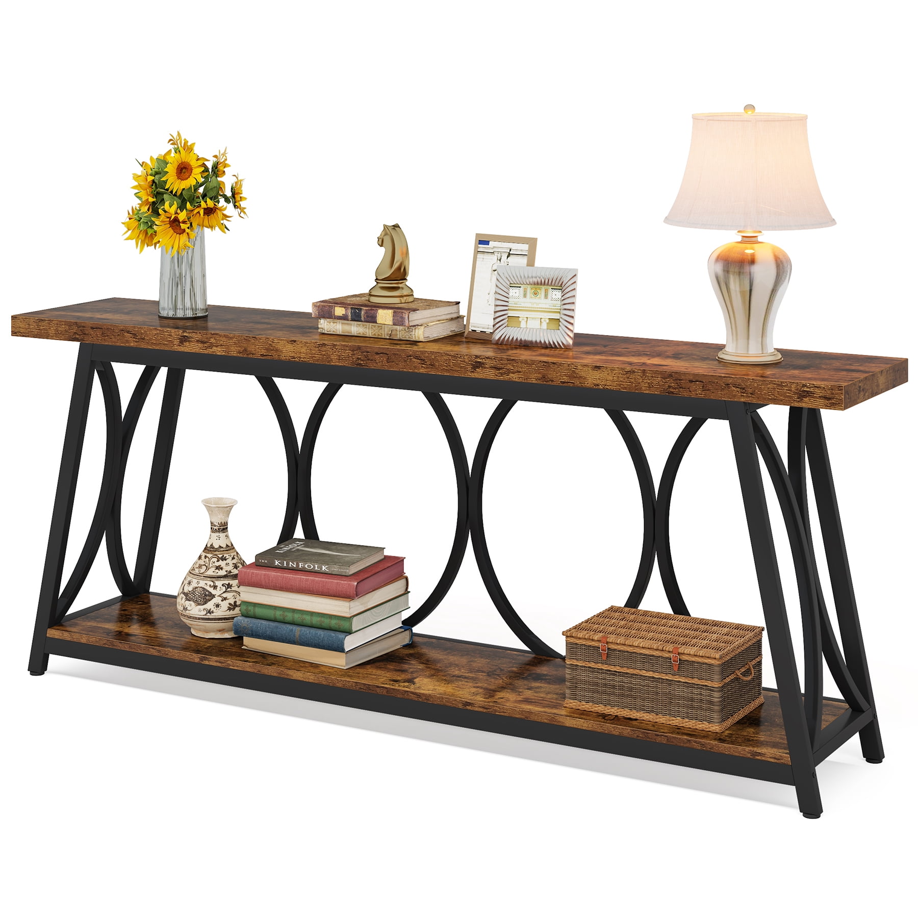 Fnova 70.87" Extra Long 2-Tier Console Table, Industrial Sofa Table with Decorative Circular Metal Frame,  Entryway Hallway Behind Couch Storage Console