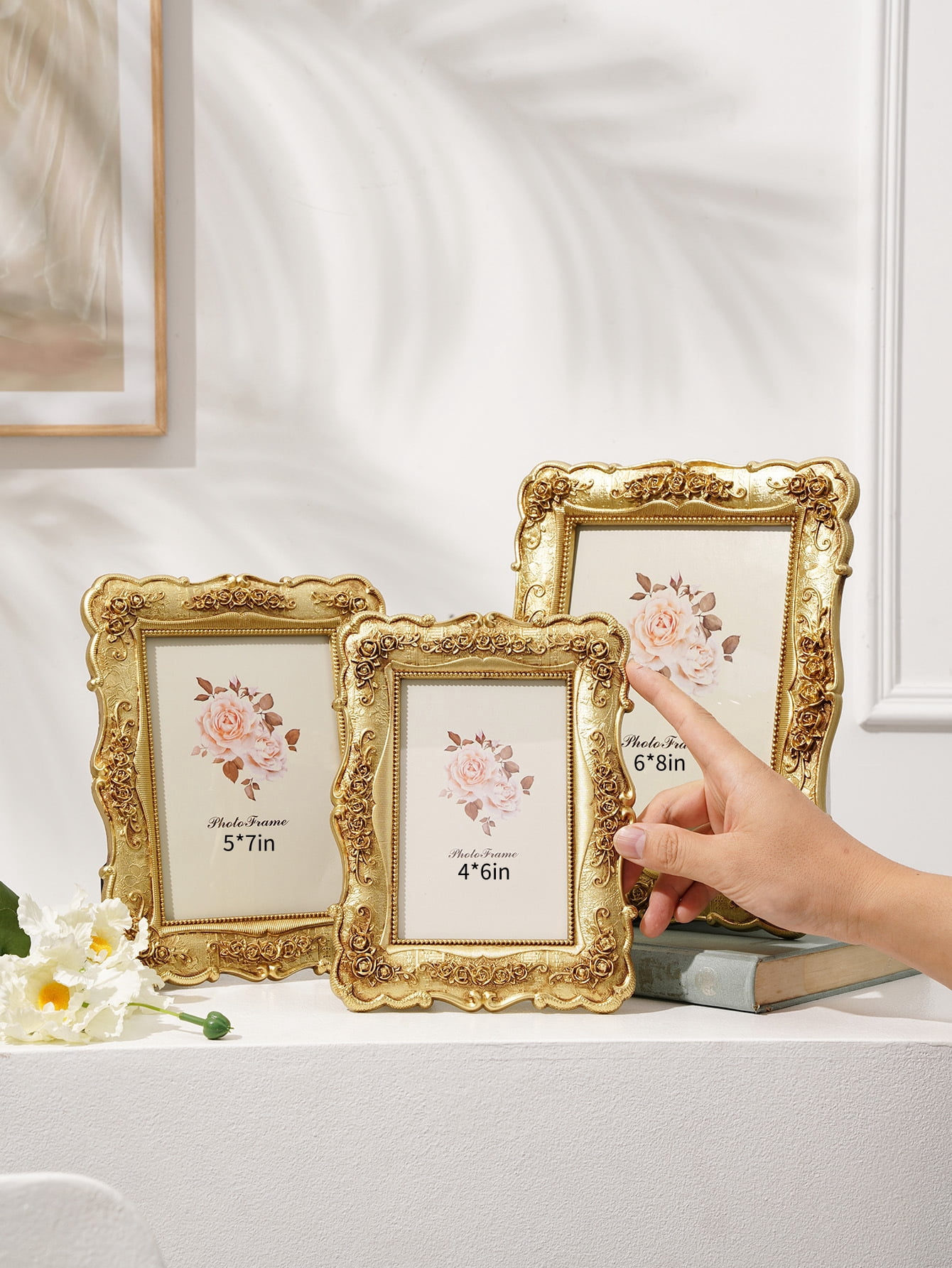5x7 Vintage Picture Frame, Vintage gold  Flower Textured Hand-Crafted Resin with Glass Front Elegant Retro Vintage Design Photo Frame for Tabletop Display Home Decor(gold)
