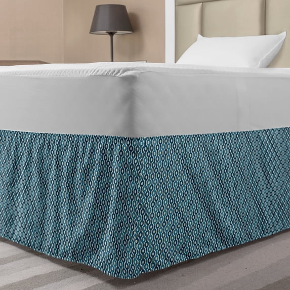Geometric Bed Skirt, Continuous Pattern of Abstract Shapes in Cold Tones Art Print, Elastic Bedskirt Dust Ruffle Wrap Around for Bedding Decor, 4 Sizes, Pale Blue Sea Blue and Ivory, by Ambesonne