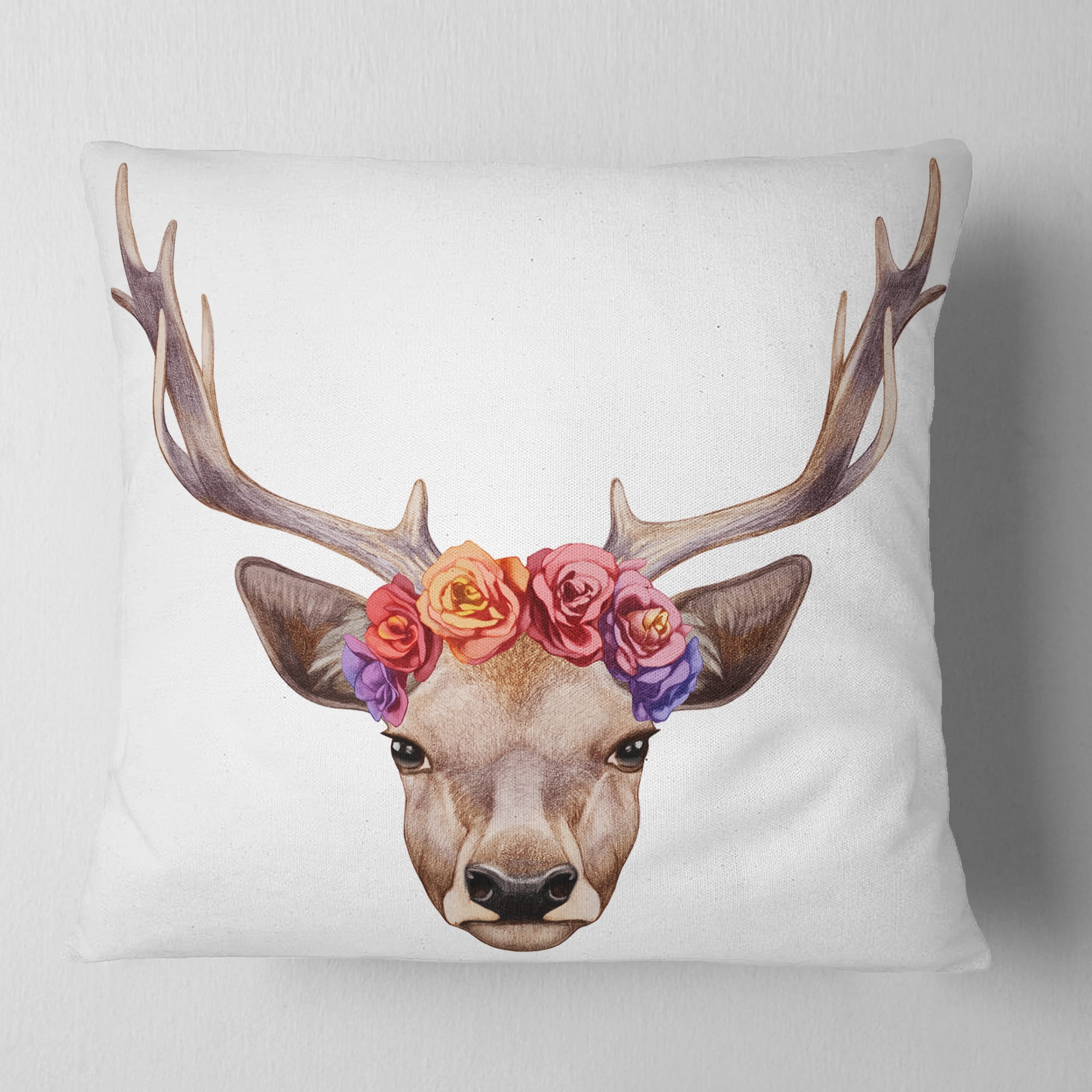 Designart Deer Portrait with Floral Head - Deer Throw Pillow - 18x18