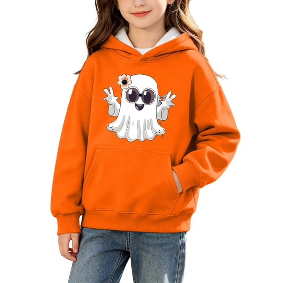 BLTIBY Girls Boys Halloween Hoodie Sweatshirts Casual Pullover Pumpkin Graphic Fleece Tops Stylish for Casual Daily Wear with Pockets Orange 9 7-8 Years
