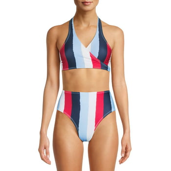 Social Angel Women's Stripe Print Wrap Bikini Swimsuit Top