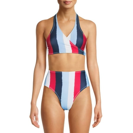 Social Angel Women&amp;#39;s Stripe Print Wrap Bikini Swimsuit Top