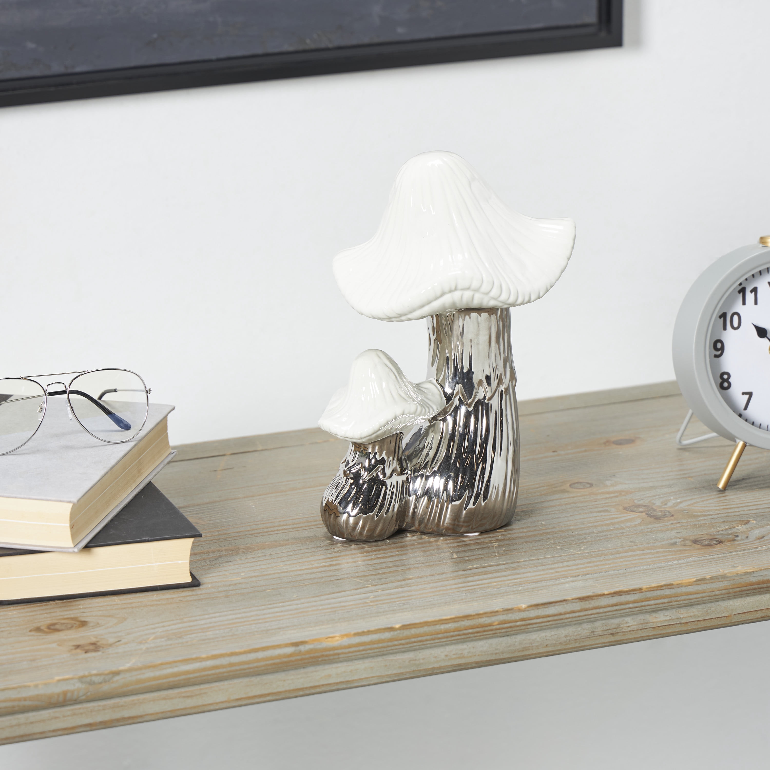 7" x 10" Silver Ceramic Mushroom Sculpture with White Tops and Textured Grooves, by DecMode