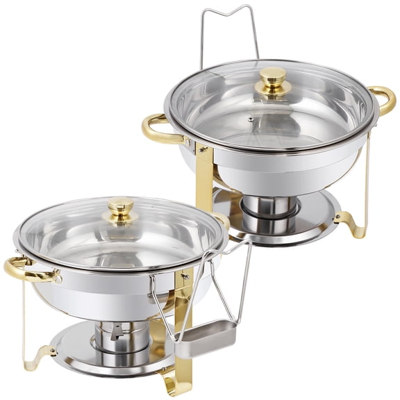HomGarden 5QT Chafing Dish Buffet Set 2PCS Golden Stainless Steel Food Warmer Chafers Set Round Buffet Set for Parties Catering Event with Glass Lid, Lid Holder