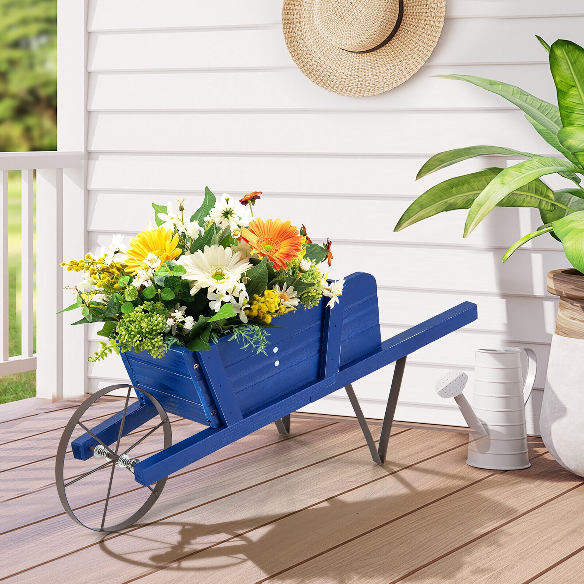 Gymax Wooden Wagon Planter Decorative Indoor/Outdoor Rustic Flower Cart w/Wheel Blue