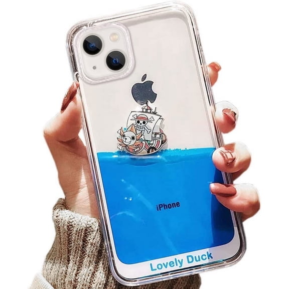 Phone Case for iPhone 13 Pro Max Case, 3D Dynamic Blue Liquid Floating Ducks and Pirate Ship Soft Silicone Bumper Quicksand Hard Back Case for iPhone 13 Pro Max