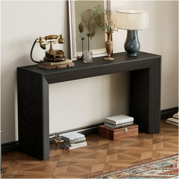 JERFIT Modern Console Table with Fireplace Design, Black Hallway Sofa Table with Wood Veneer Top for Entryway, Living Room