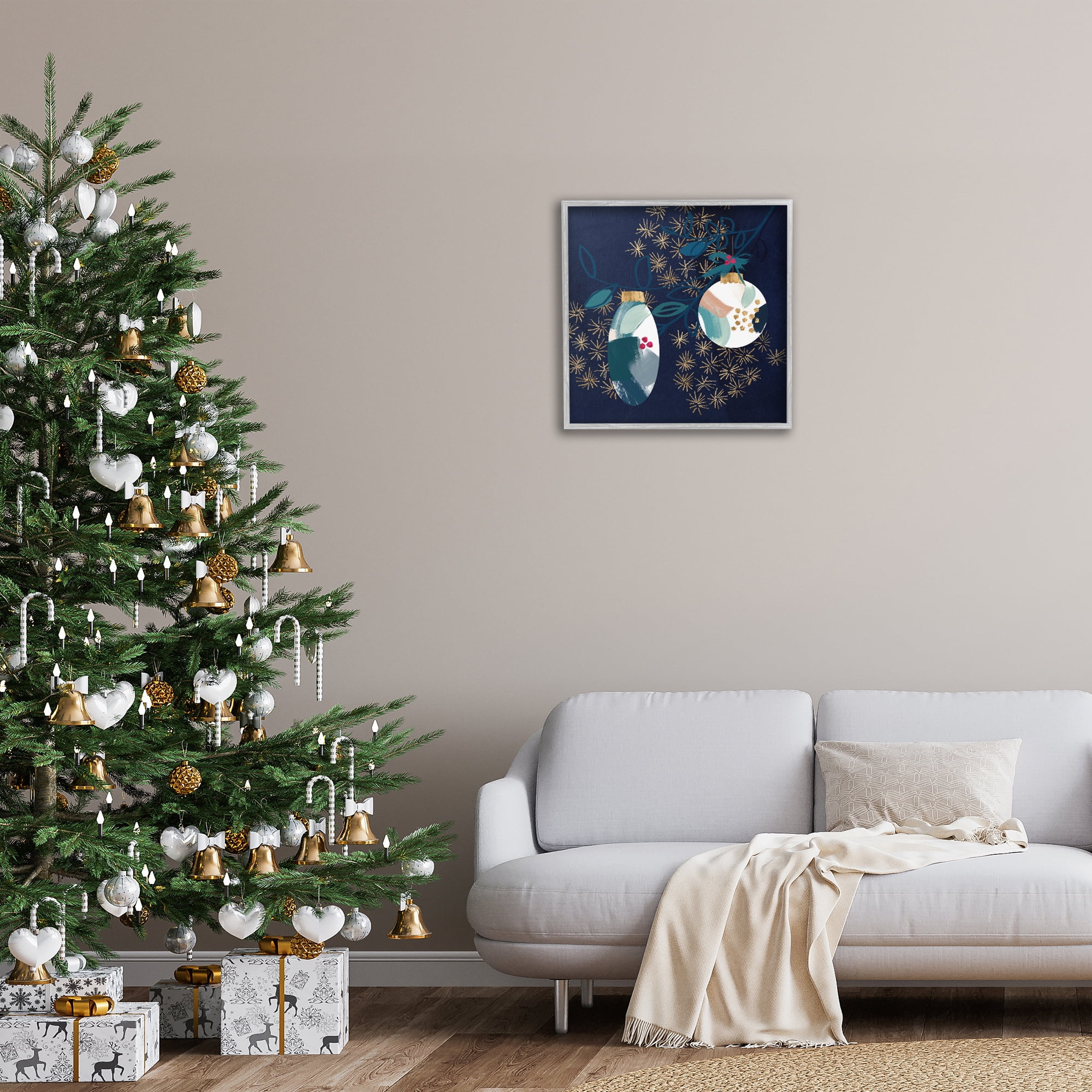 Stupell Industries Blue Patterned Ornaments Holiday Painting Gray Framed Art Print Wall Art, 24 x 24