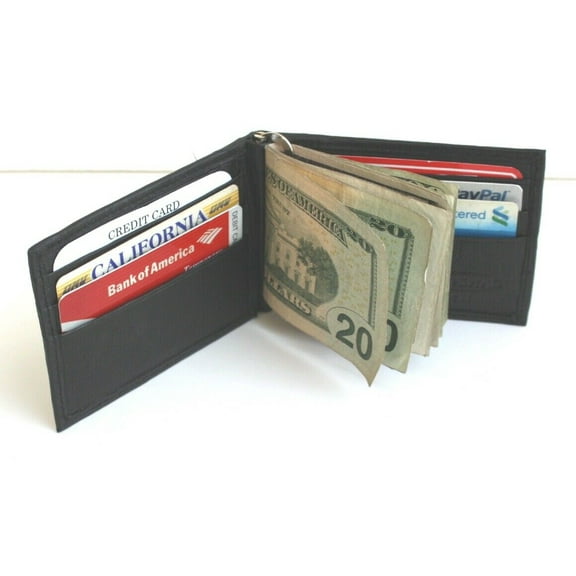 Black Leather Mens Bifold Money Clip Wallet 7 Card Holder