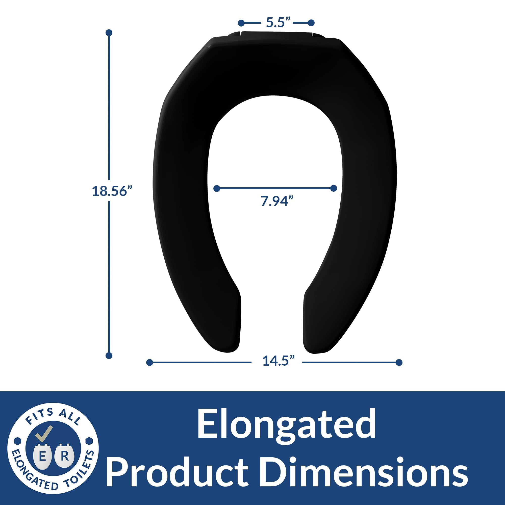 BEMIS 1955CT 047 Commercial Heavy Duty Open Front Toilet Seat will Never Loosen & Reduce Call-backs, ELONGATED, Plastic, Black