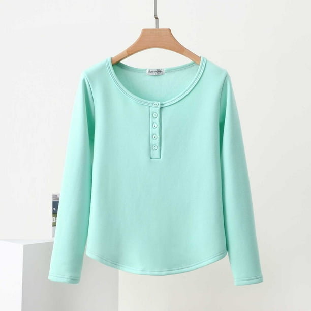 Pijama de manga larga para mujer, color liso, con botones, cuello redondo, manga larga, dobladillo inferior, abrigo cálido de terciopelo, pijama de manga larga, parte superior de poliéster para mujer