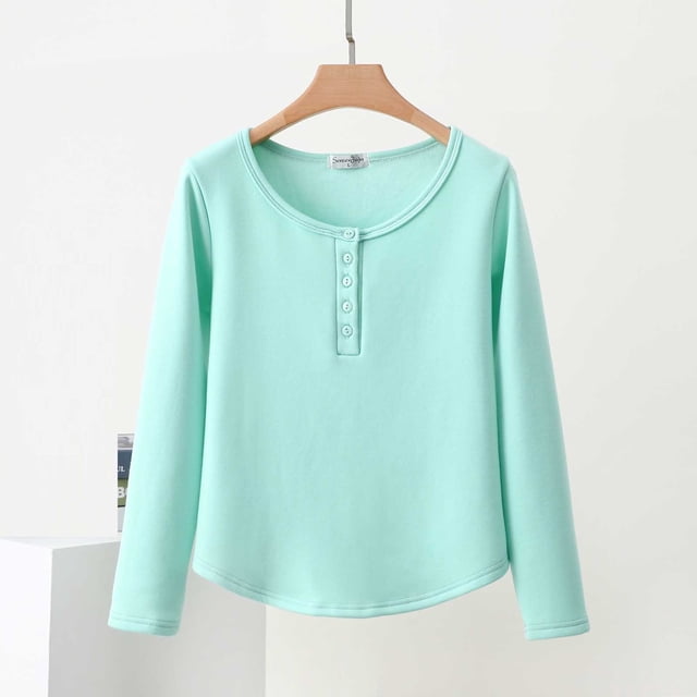 Pijama de manga larga para mujer, color liso, con botones, cuello redondo, manga larga, dobladillo inferior, abrigo cálido de terciopelo, pijama de manga larga, parte superior de poliéster para mujer