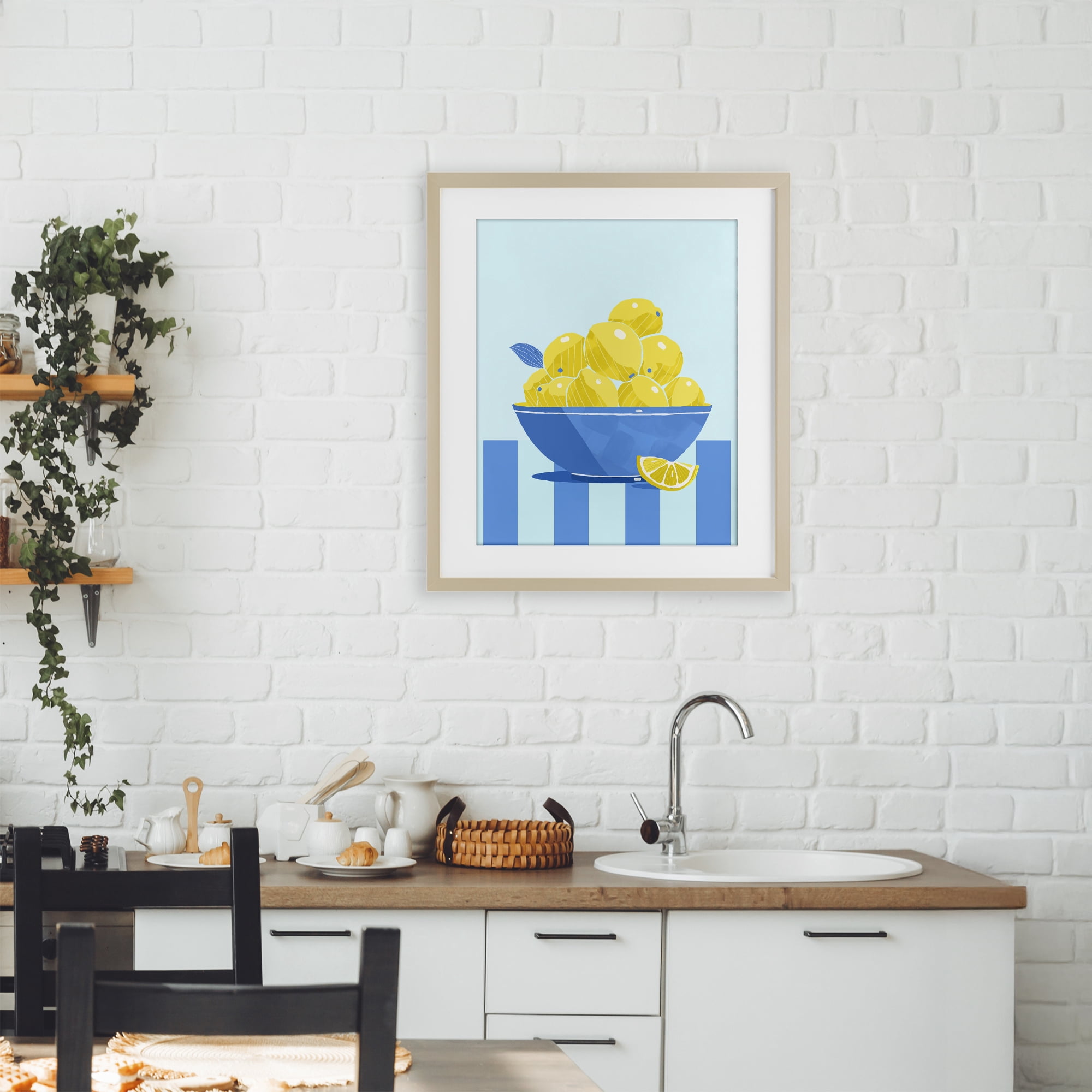 Stupell Industries Yellow Lemon Bowl Striped Birch Framed Print Under Glass, design by Lucca Sheppard