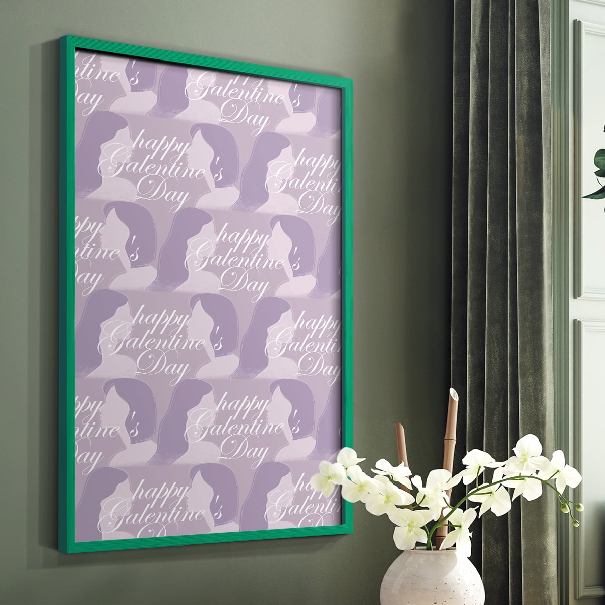 Happy Galentine's Day Collection E Framed Print in Green Solid Wood Framed Print No Nail Hanging