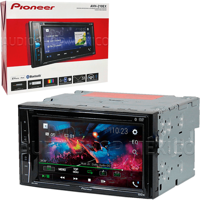 pantalla 2 din pioneer avh-210ex 6.2 pulgadas bluetooth usb android iphone Negro, vista frontal centrada de autoestéreo doble DIN con pantalla táctil 6.2" que muestra interfaz multimedia a color, botones físicos a la izquierda y carcasa metálica gris visible; incluye caja con logo Pioneer en el fondo, también suele usarse como reproductor multimedia portátil para viajes en vehículo.