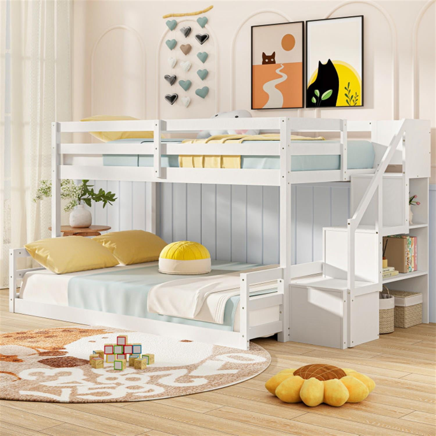 Demi Bonn Twin Over Full Bunk Bed with Safety Rail and Storage Stairs, Twin Bunk Beds, Space-saving Solid Wood Bed Frame, White