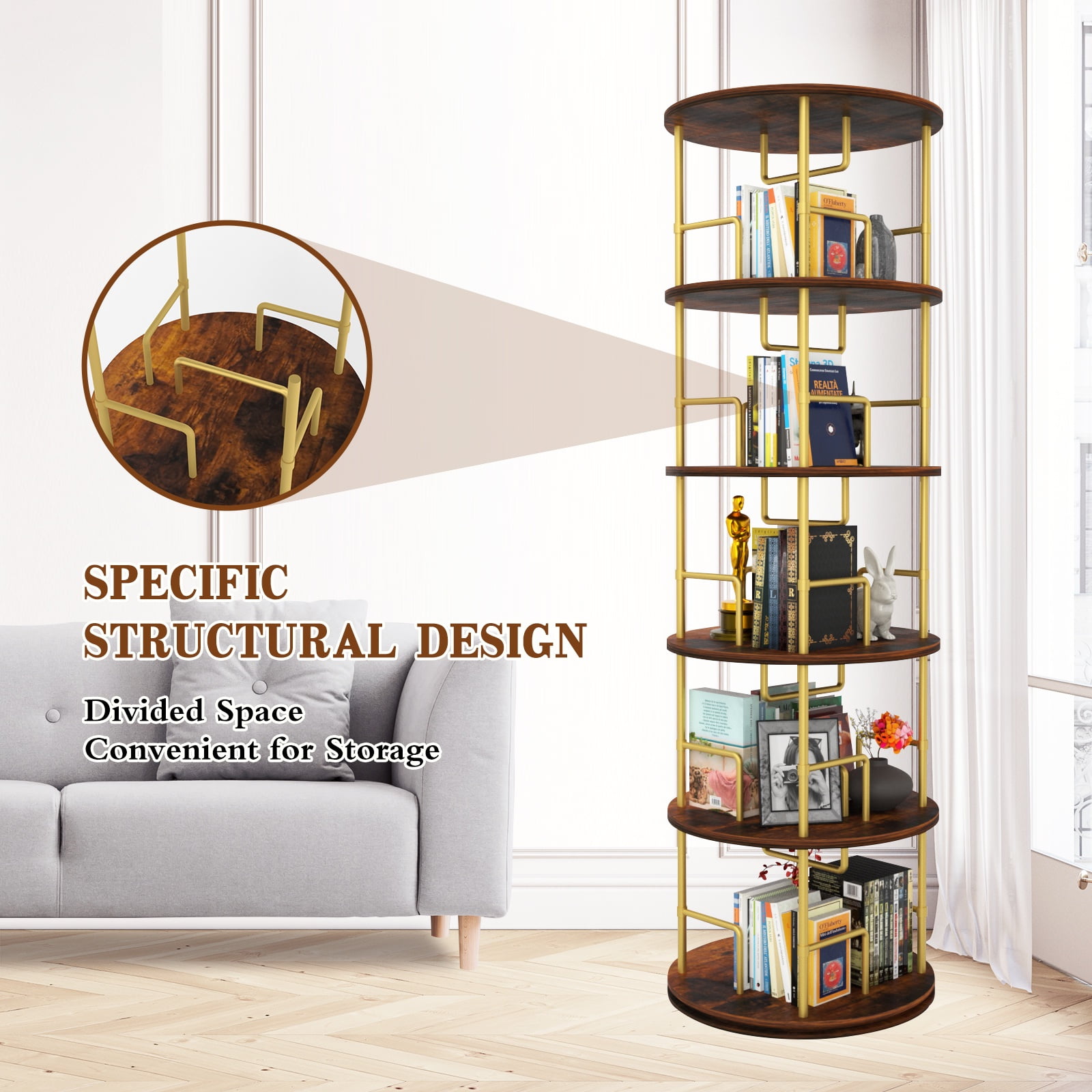 PORKISS 5 Tier Rotating Bookshelf, 360° Display Rotating Bookcase Corner Storage Rack with Partition Storage, Round Spinning Bookshelf for Office Living Room, Golden