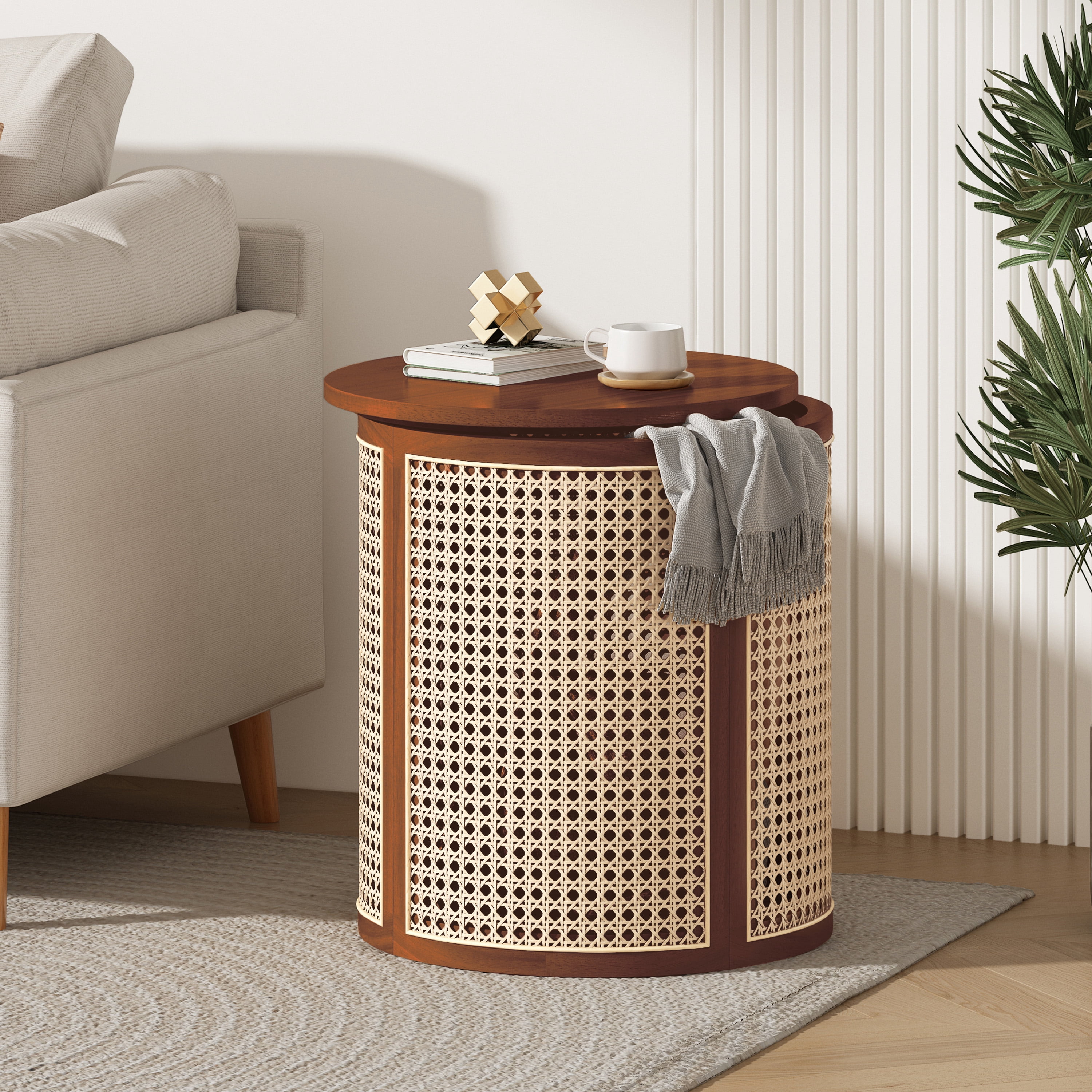 GARITIN Round End Table 15.7 Inch, Woven Rattan Style Side Table with Rubber Wood Frame for Living Room Bedroom, Dark Brown