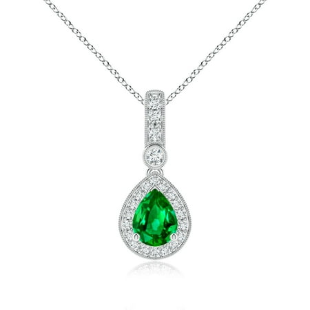 ANGARA Lab Grown Pear-Shaped Emerald and pave Diamond Halo Pendant for Women in 14K White Gold (Size-8x6mm) | May Birthstone Anniversary Jewelry Gift for Women | Lab-Grown Emerald Necklace