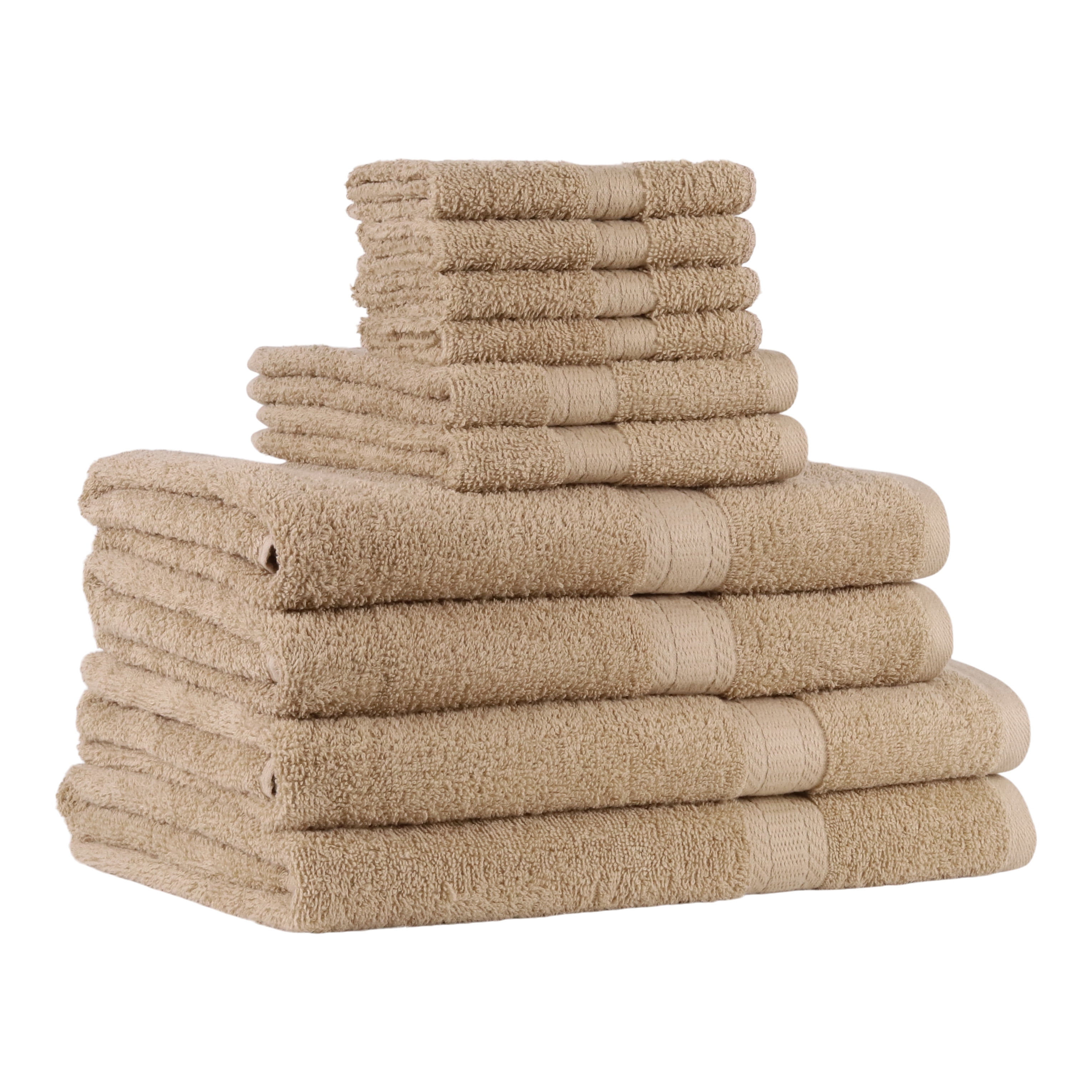 Mainstays 10 Piece 100% Cotton Towel Set, 2 Bath Sheets, 2 Bath 2 Hand and 4 Washcloths, Super Soft and Highly Absorbent Basic Solid Towel Set for Bathroom, Hotels, Spa and Gym – Tan