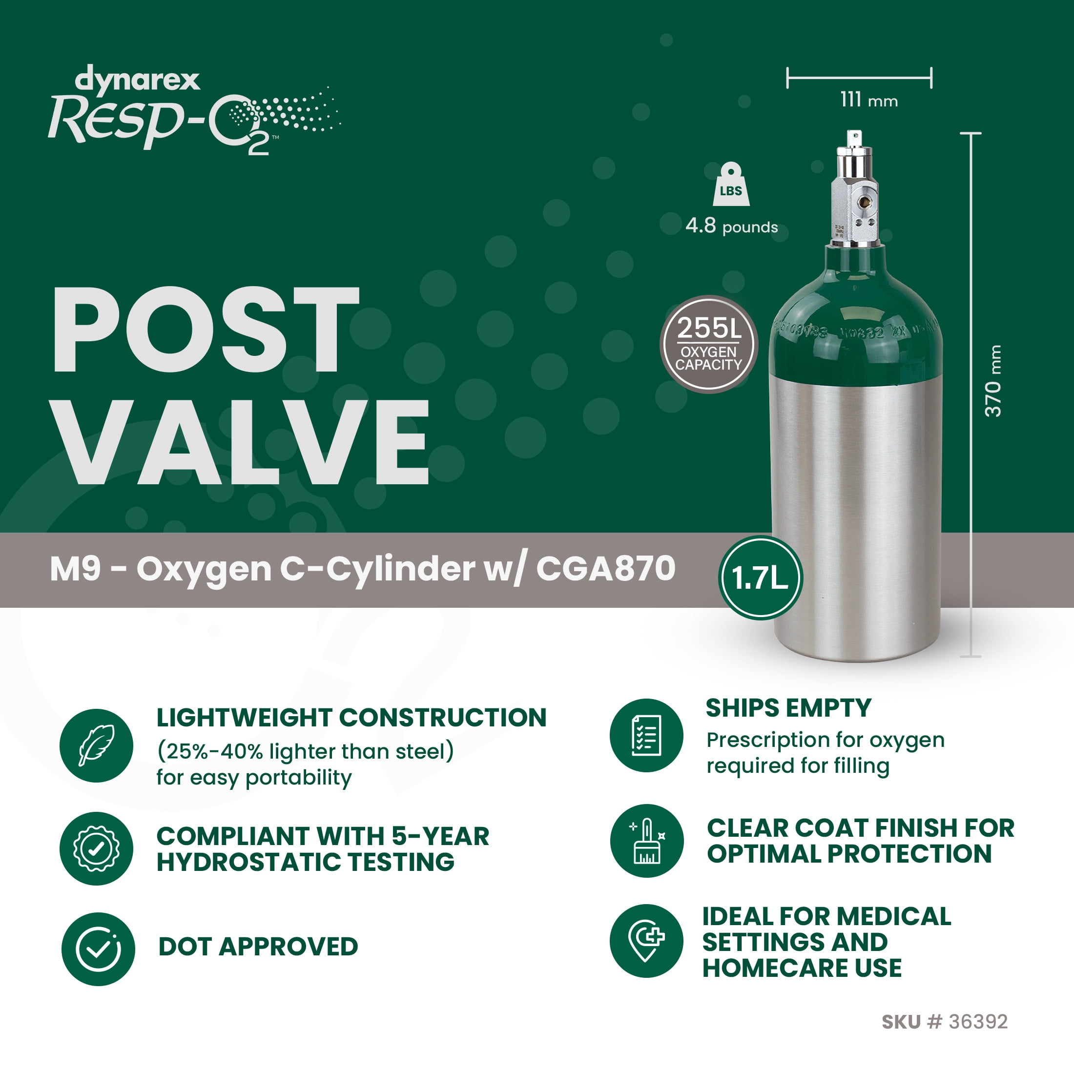 Dynarex Resp-O2 M9 Oxygen C -Cylinder with CGA 870 Post Valve – 1.7L Standard Size Oxygen Cylinder - Lightweight Aluminum Portable Tank with 255L Oxygen Capacity